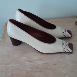 Vintage Baldinini pumps leather heels Creme Red Modern Funky Block Heel Chunky